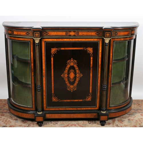 68 - A 19TH CENTURY BURR WALNUT EBONISED AND GILT BRASS MOUNTED SIDE CABINET of rectangular bowed outline... 