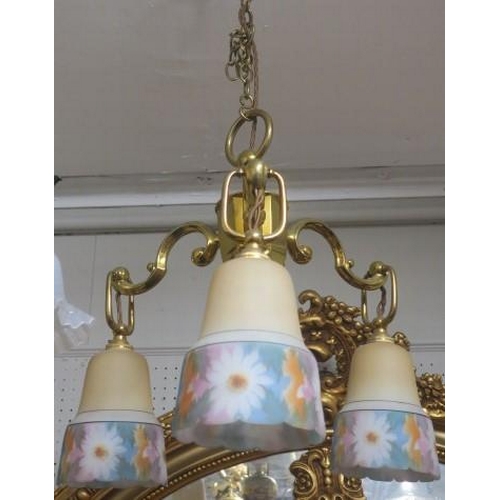 840 - A VINTAGE BRASS THREE BRANCH CHANDELIER the faceted column issuing three scroll arms with topaz and ... 