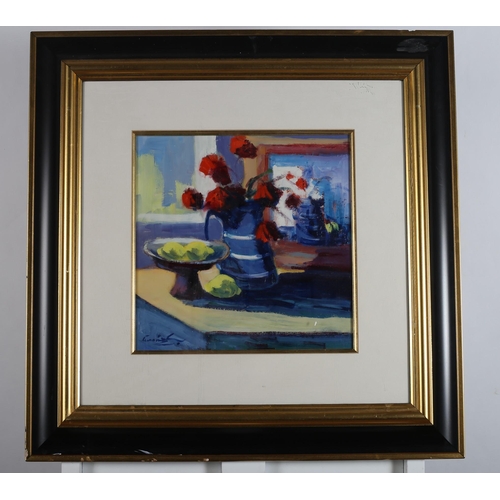 9 - CUNNINGHAM  
Still Life, Blue jug and poppies on a table 
Oil on board
Indistinctly signed lower rig... 