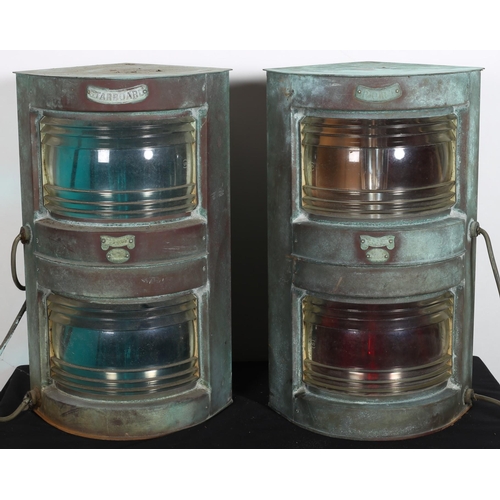 828 - A PAIR OF 19TH CENTURY COPPER AND GLAZED SHIPS LAMPS  labelled PORT and STARBOARD respectively.
bear... 