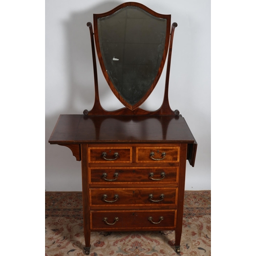 72 - A LATE 19TH CENTURY MAHOGANY AND SATINWOOD CROSSBANDED DRESSING CHEST the superstructure with shield... 