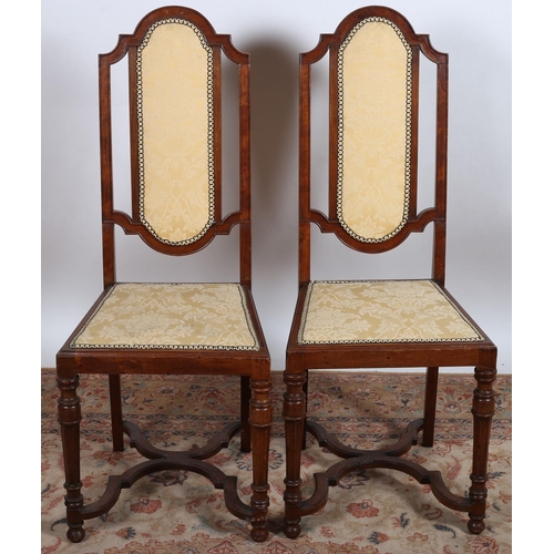 75 - A PAIR OF TUDOR DESIGN MAHOGANY AND UPHOLSTERED SIDE CHAIRS each with a rectangular shaped back with... 