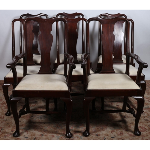 92 - A GOOD SET OF EIGHT 19TH CENTURY QUEEN ANNE DESIGN MAHOGANY DINING CHAIRS including a pair of elbow ... 