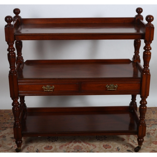 97 - AN EDWARDIAN MAHOGANY THREE TIER DUMB WAITER rectangular top with moulded three quarter gallery abov... 