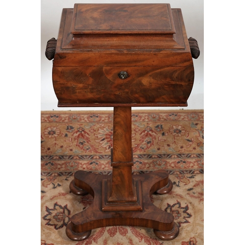 102 - A 19TH CENTURY MAHOGANY TEAPOY of sarcophagus outline the raised moulded hinged lid containing lidde... 