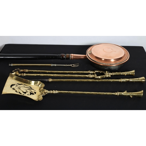 106 - A GOOD SET OF THREE 19TH CENTURY BRASS FIRE IRONS with hawthorn handles comprising poker, shovel and... 