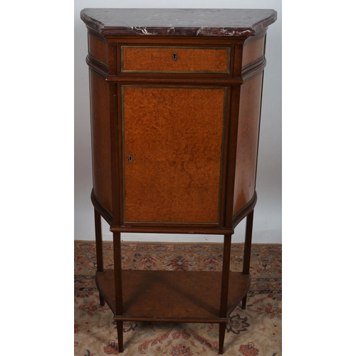 482 - A CONTINENTAL BURR WALNUT MAHOGANY AND GILT BRASS MOUNTED SIDE CABINET of bombe outline surmounted b... 