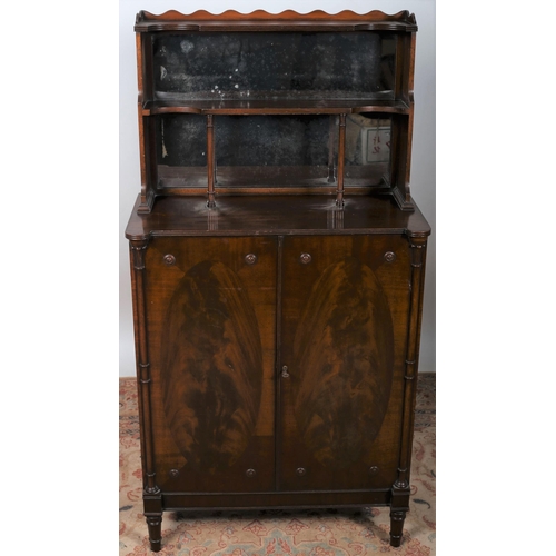 489 - A LATE 19TH CENTURY MAHOGANY SIDE CABINET the superstructure with open shelves and mirrored back wit... 