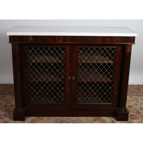 490 - A 19TH CENTURY MAHOGANY SIDE CABINET of rectangular outline surmounted by a white veined marble top ... 