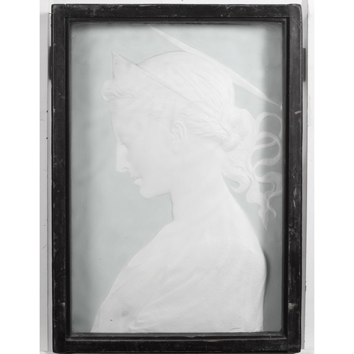 495 - A PLASTER PLAQUE moulded in relief depicting an Art Nouveau head and shoulder profile of a female in... 