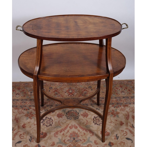 506 - A 19TH CENTURY KINGWOOD AND PARQUETRY TWO TIER ETAGERE with brass carrying handles each oval shelf j... 