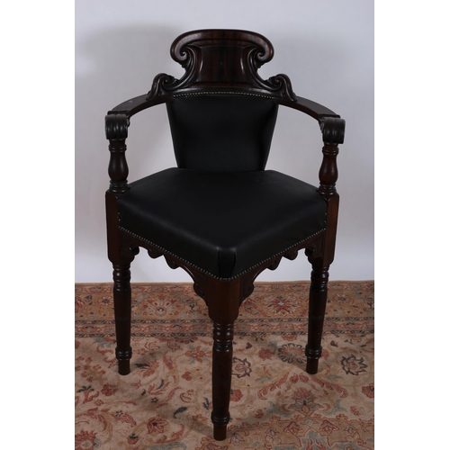 515 - A 19TH CENTURY CAPTAIN'S HIGH STOOL the C-scroll top rail above an upholstered panel and seat with s... 