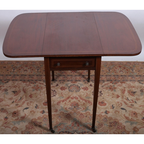 534 - AN EDWARDIAN MAHOGANY AND SATINWOOD INLAID DROPLEAF TABLE the rectangular hinged top with frieze dra... 