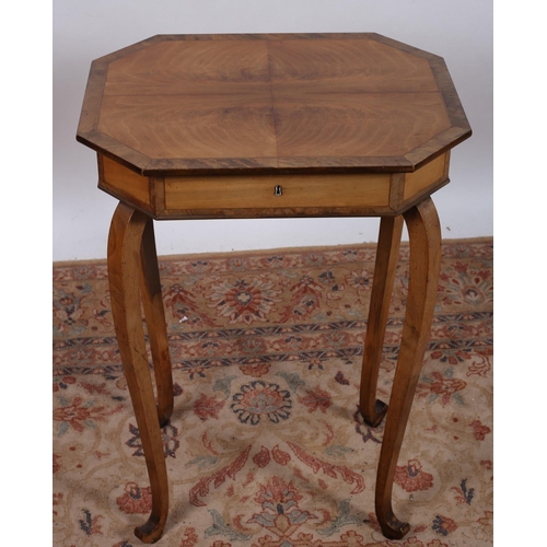 539 - A CONTINENTAL MAHOGANY AND WALNUT CROSSBANDED TABLE of rectangular outline with canted angles the hi... 