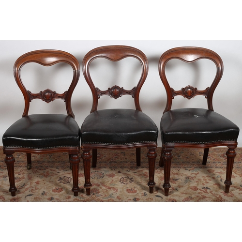 565 - A PAIR OF 19TH CENTURY MAHOGANY DINING CHAIRS each with a curved top rail and carved splat with hide... 