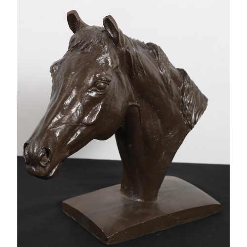 575 - AMY OXENBOULD 1985 A COLD CAST BRONZE MODEL OF A HORSES HEAD signed on a rectangular base 
24 (h) x ... 