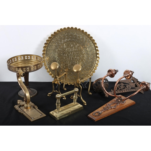 590 - A MISCELLANEOUS COLLECTION to include a pair of copper three branch wall mounted lights, a brass eng... 