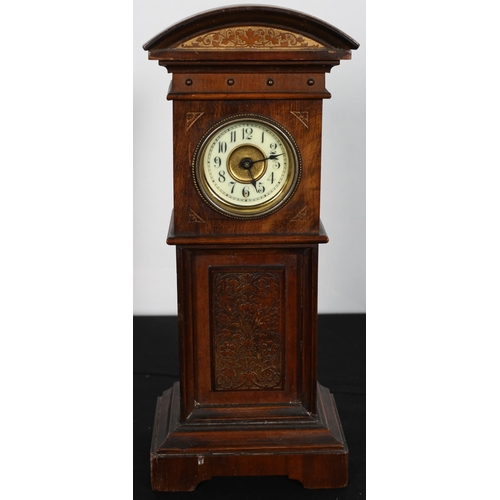 591 - A VINTAGE MINIATURE  MAHOGANY  LONGCASE CLOCK of architectural form with bone and gilt dial above a ... 