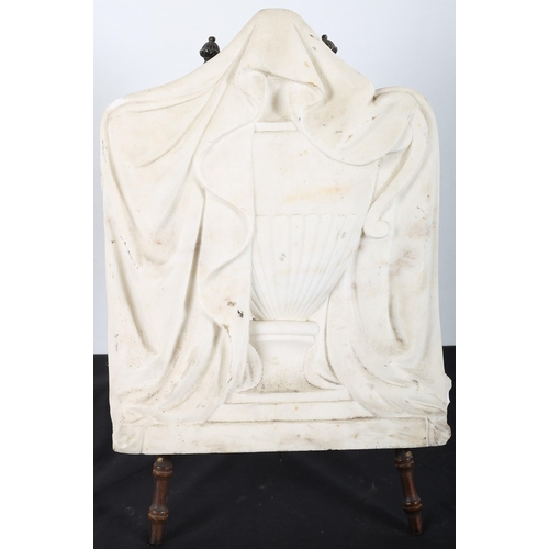 592 - A 19TH CENTURY WHITE MARBLE PLAQUE with neo classical urn with drapery 
36cm (h) x 28cm (w)