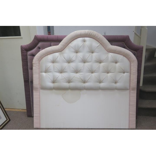 699 - A PINK AND BEIGE SILK UPHOLSTERED HEADBOARD OF RECTANGULAR ARCHED OUTLINE with buttoned upholstered ... 