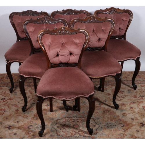 721 - A SET OF SIX 19TH CENTURY CARVED ROSEWOOD AND UPHOLSTERED DINING CHAIRS each with a buttoned upholst... 