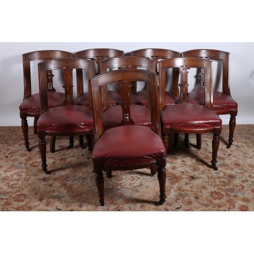 723 - A SET OF EIGHT LATE 19TH CENTURY MAHOGANY DINING ROOM CHAIRS each with a curved top rail and vertica... 