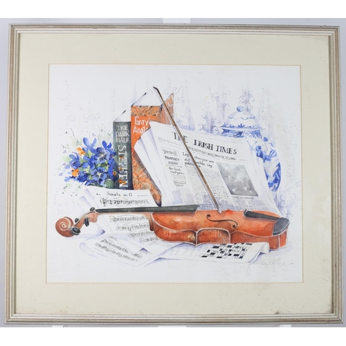 777 - JUDITH CAULFIELD WALSHE
Still Life, Books, Paper and Fiddle on a Table
A watercolour
Signed lower ri... 