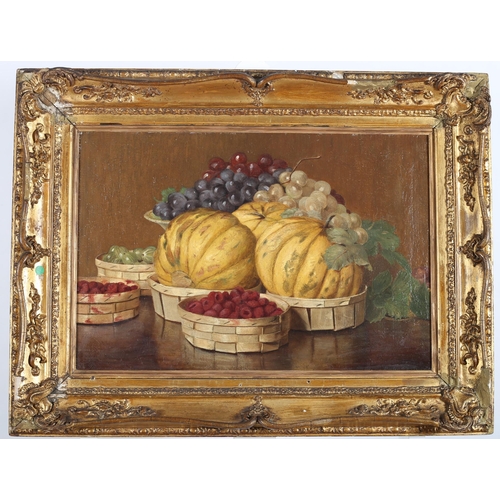 779 - CONTINENTAL SCHOOL, 19TH CENTURY
Still Life with Melons, Grapes, Raspberries and Gooseberries in Bas... 