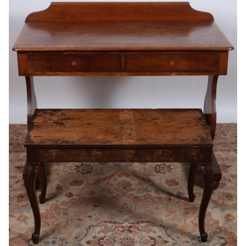 912 - A VICTORIAN MAHOGANY SIDE TABLE of rectangular outline the shaped top with two frieze drawers on sta... 