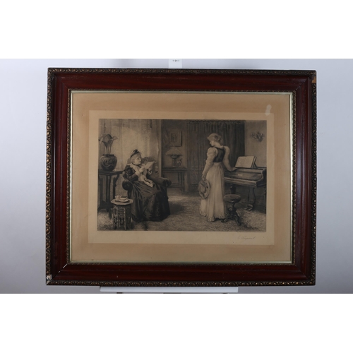 919 - A 19TH CENTURY BLACK AND WHITE ENGRAVING 
Interior scene with females 
57cm (h) x 76cm (w)