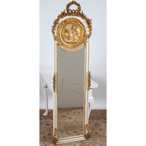 948 - A CONTINENTAL WHITE PAINTED AND GILT FRAME TRUMEAU MIRROR the rectangular bevelled glass plate withi... 