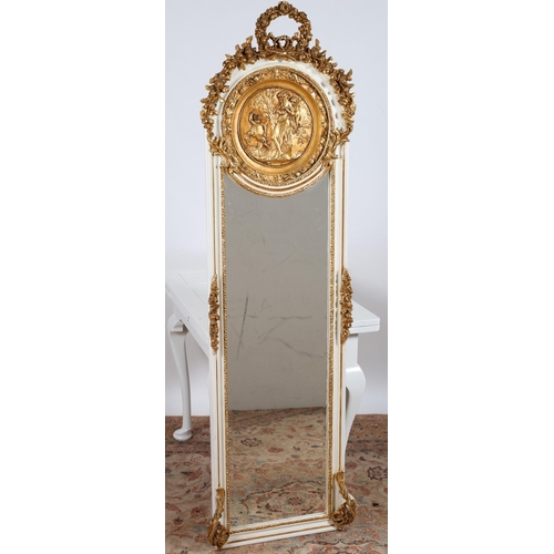 949 - A CONTINENTAL WHITE PAINTED AND GILT FRAME TRUMEAU MIRROR the rectangular bevelled glass plate withi... 