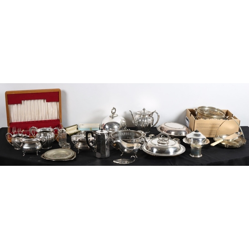 472 - A COLLECTION OF PLATED WARE to include a muffin dish, entrée dishes, a sauce boat, coffee pot, flatw... 