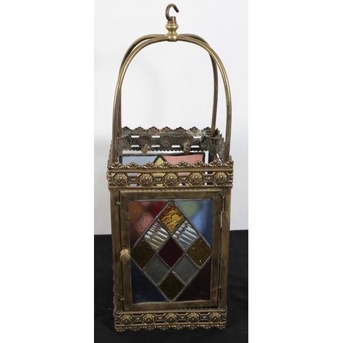 123 - A 19TH CENTURY BRASS, LEAD GLASS, COLOURED GLASS AND CLEAR GLASS SINGLE LIGHT HALL LANTERN of square... 