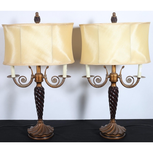 131 - A PAIR OF CONTINENTAL COMPOSITION TWO BRANCH TABLE LAMPS each with a spiral twist column above a cir... 