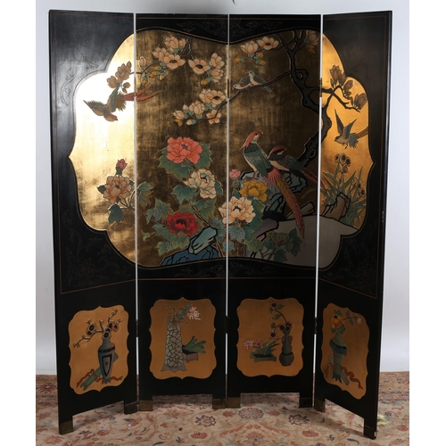 564 - A BLACK LACQUERED AND GILT FOUR FOLD SCREEN decorated with exotic birds amongst foliage 
Each screen... 