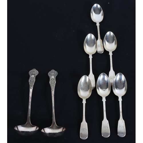 594 - A SET OF SIX SILVER FIDDLE PATTERN SPOONS
Exeter 1874
together with a pair of silver ladles