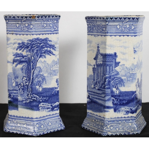 598 - A PAIR OF LATE 19TH CENTURY ARCADIAN BLUE AND WHITE VASES each of octagonal outline 16.5cm (h)