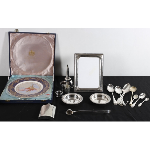 602 - A MISCELLANEOUS COLLECTION to include a silver Celtic pattern photo frame, a silver plated wine funn... 