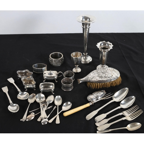 603 - A BOXED LOT OF SILVER to include two vases, part silver back hair brush, egg cups, spoons, etc.