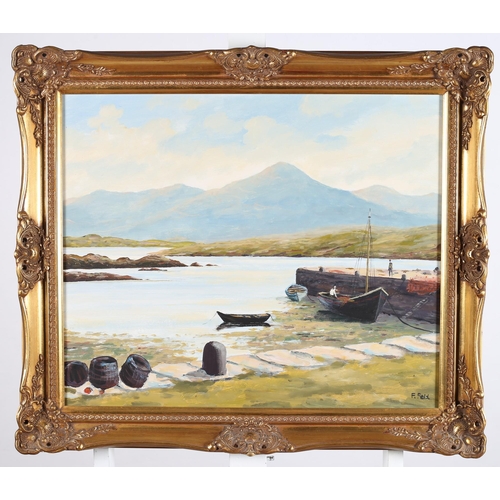 606 - FRANK FELD
Downings Harbour Ebb Tide 
Oil on board 
Signed lower right
44cm (h) x 57cm (w)