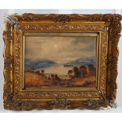 613 - ENGLISH SCHOOL, 19TH CENTURY 
Mountain and Lake Scene
A watercolour
Unsigned 
24cm (h) x 31cm (w)