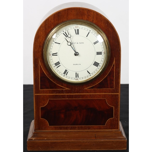 617 - A VINTAGE MAHOGANY INLAID CASED MANTLE CLOCK of rectangular arched form the white dial with Roman nu... 