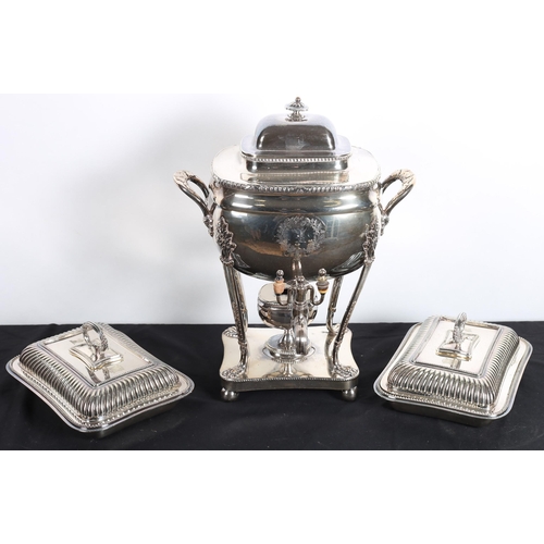 627 - A PAIR OF SILVER PLATED LIDDED ENTREE DISHES each with a gadrooned rim and reeded handle with pie cr... 