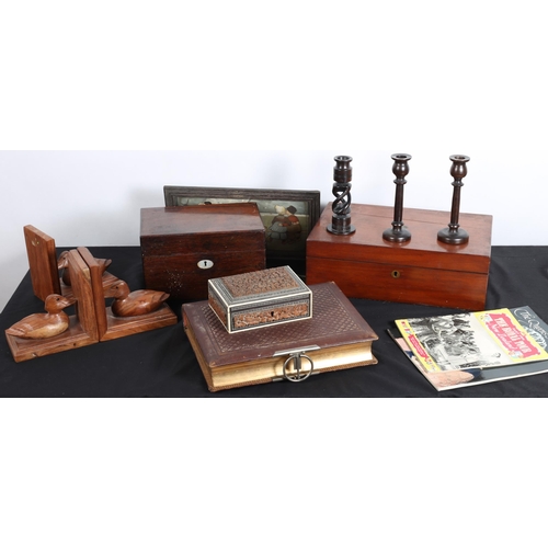 631 - A MISCELLANEOUS COLLECTION to include a 19th century rosewood tea caddy, a mahogany writing case, a ... 