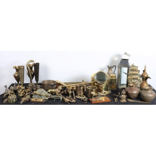 636 - A COLLECTION OF BRASSWARE to include a binnacle, vases, a brass postage scales, etc.