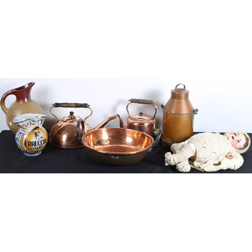 637 - A COPPER CHURN together with two copper kettles, a copper preserving pan, a China doll, etc.