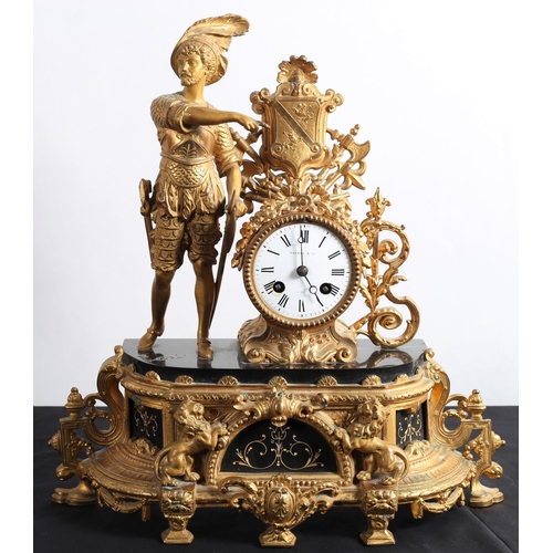 639 - A 19TH CENTURY FRENCH GILT SPELTER AND BRASS MANTLE CLOCK the cylinder case with enamel dial and Rom... 