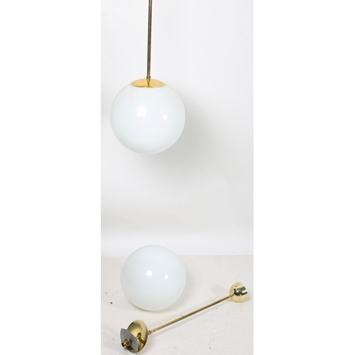 645 - A PAIR OF CHRISTOPHER REA BRASS AND OPELINE GLASS CENTRE LIGHTS of bulbous form 96cm drop