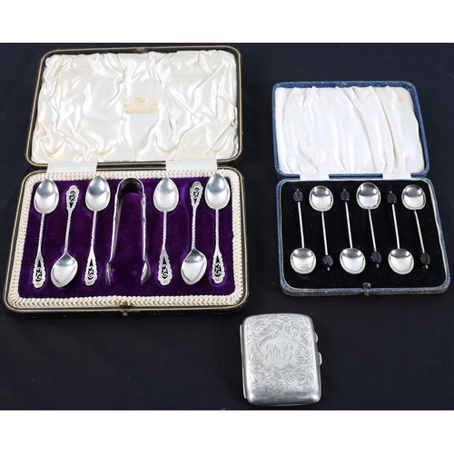 646 - A SET OF SIX SILVER COFFEE BEAN SPOONS in case, a silver engraved case, a set of six silver teaspoon... 